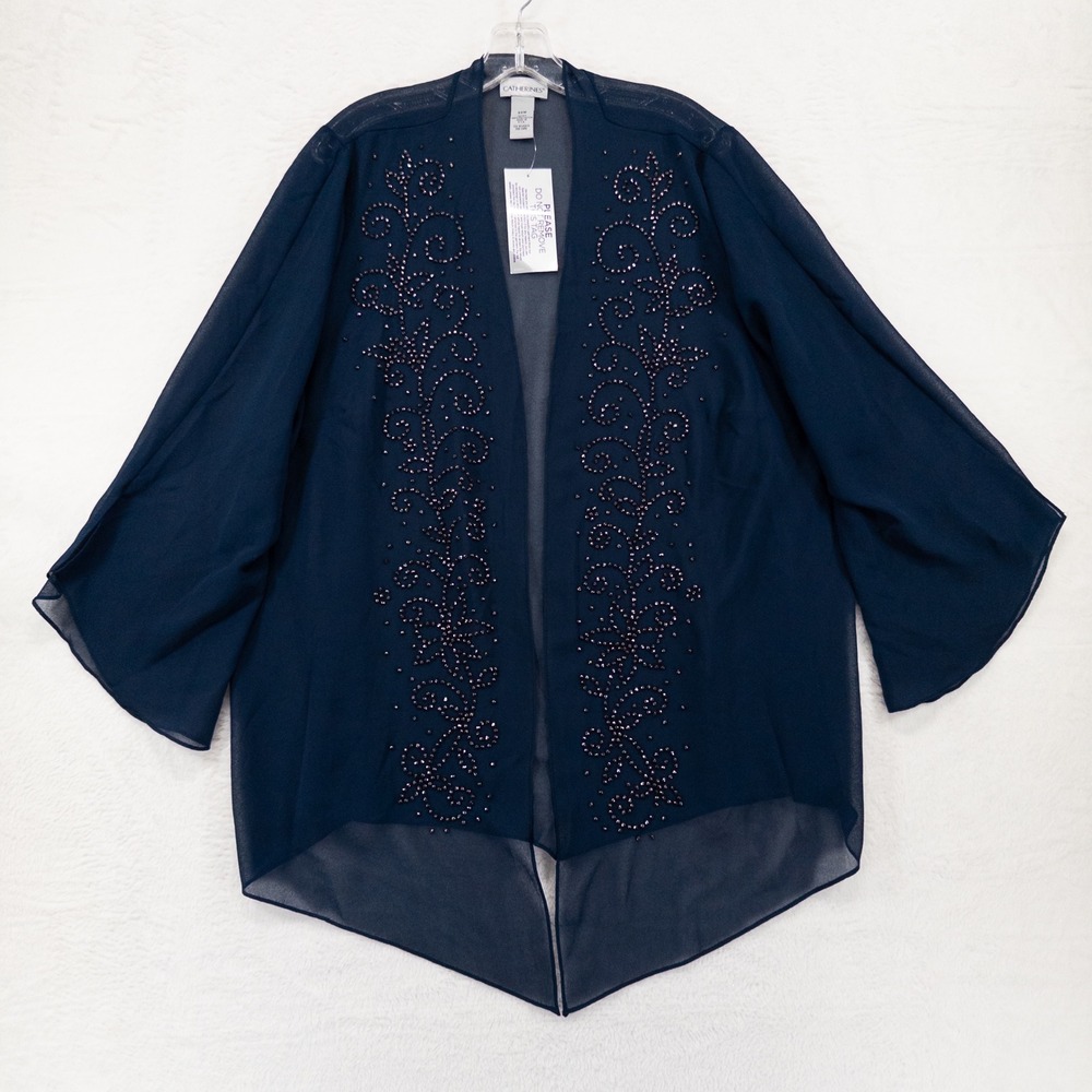 Catherines Womens Jacket 22W Navy Blue Beaded Chiffon Open Front Kimono Evening